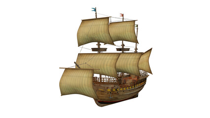 Old Wooden Ship, 3D rendered image, transparent background.