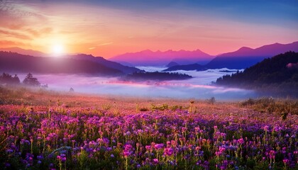 Fototapeta premium Beautiful field of wild flowers. Fog. lake, serenity