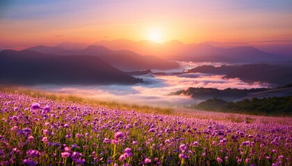 Fototapeta premium Beautiful field of wild flowers. Fog. lake, serenity