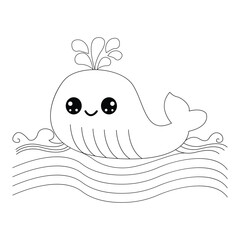 Cute Little Cartoon Whale Line Art For Kids Coloring Page.