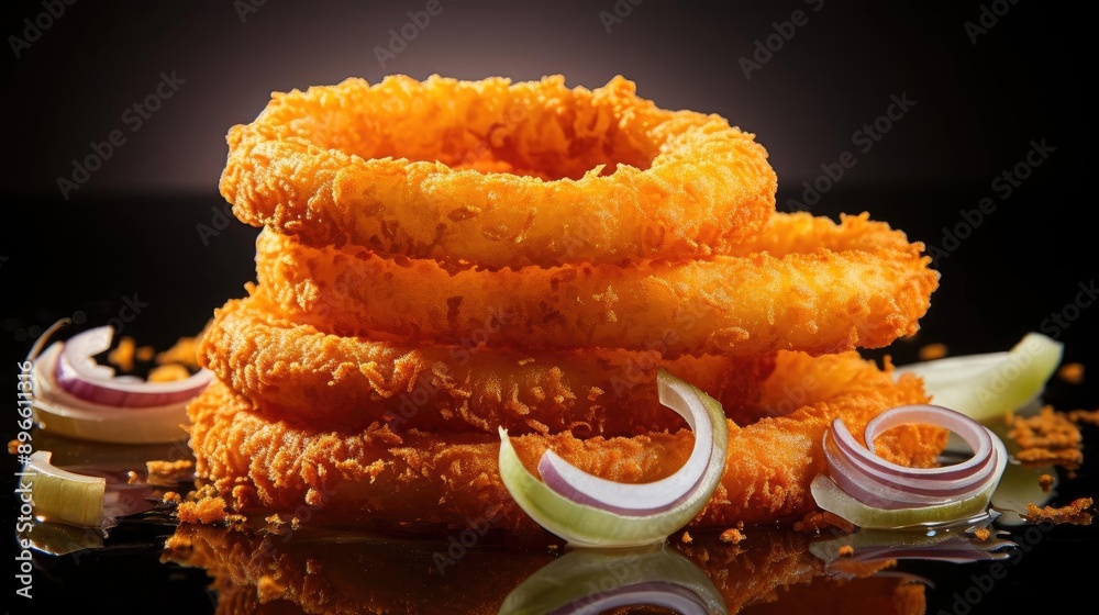 Sticker Delicious crispy onion rings, black and blur background