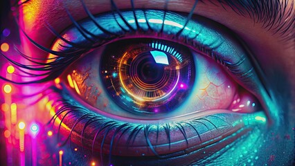 Close-up cyberpunk eye with neon glowing reflections, cyberpunk, futuristic, eye, close-up