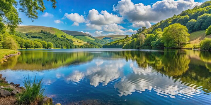 Tranquil lakeside view in Dale, South Wales, UK during the summer, nature, water, reflection, serene, peaceful, landscape