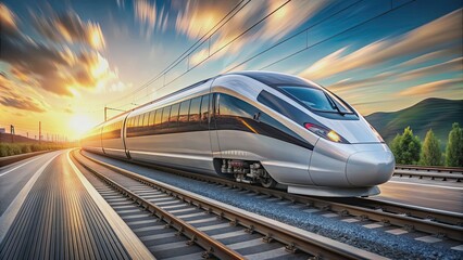 Naklejka premium Sleek and aerodynamic modern high-speed train traveling on tracks, transportation, speed, rail, technology, travel