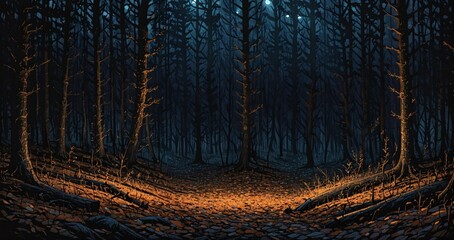 autumn stone sidewalk path in the woods under night sky and full moon. fall forest cobblestone road in park with lanterns and orange dead trees and leaves.