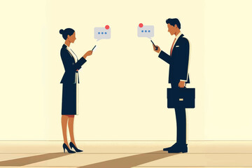 Fototapeta premium Two business professionals in formal attire sending messages on smartphones, illustrating modern communication and office life.