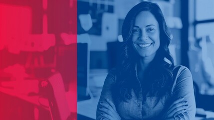 An online course on marketing with the main colors being blue and red. A woman in business casual is smiling in the office
