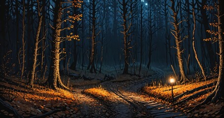 Obraz premium autumn stone sidewalk path in the woods under night sky and full moon. fall forest cobblestone road in park with lanterns and orange dead trees and leaves.