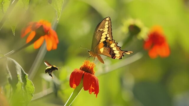 Beautiful swallowtail butterfly on orange flower gets surrounded by bees, majestic butterfly graciously takes off and attacks the bee, protecting territory and knocking the bee out in slow motion.