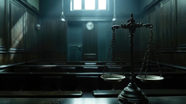 Scales of justice in the courtroom, dark lighting, punishment system for prisoners, presumption of innocence, constitution day