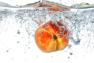 Hale Haven Peach falling into the water with a splash on a white background