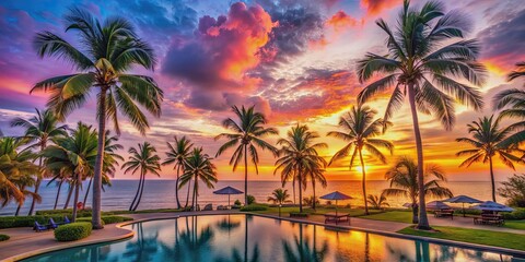 Tropical resort at sunset with palm trees and colorful sky , vacation, destination, travel, relaxation, beach, paradise