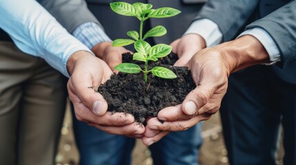 Plants, sustainability and the earth in the hands of business people for teamwork, support or environment Collaborating, growing, and investing in people and the soil for the future. 