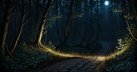 stone sidewalk path walk in the woods during a scary creepy dark night sky under the moon. summer forest trees in nature around cobblestone road.