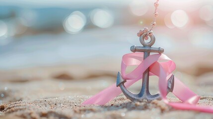 Composite anchor of hope with pink ribbon and necklace copy space Health support and awareness concept