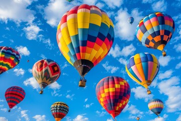 Fototapeta premium Colorful hot air balloons floating in a blue sky.