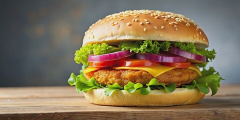 Juicy chicken and vegetable burger on a sesame seed bun, burger, chicken, vegetables, lettuce, tomato, onion, mayo
