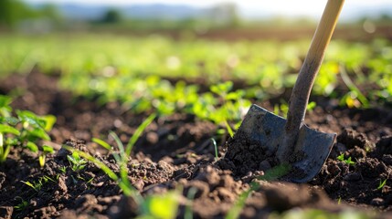 Hoe in a field with grass and rich soil