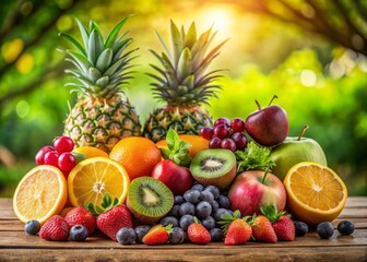 Colorful arrangement of fresh vegan fruits including strawberries, grapes, kiwi, pineapple, and orange slices on a rustic wooden table against a blurred natural background.