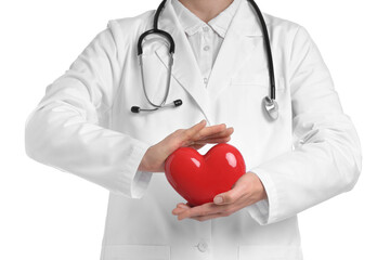 Doctor with red heart on white background, closeup