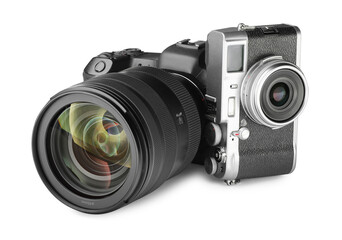 Fototapeta premium Modern cameras isolated on white. Photographer's equipment