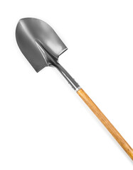 Metal shovel with wooden handle isolated on white, top view