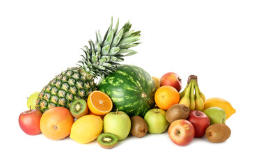 Many fresh ripe fruits isolated on white