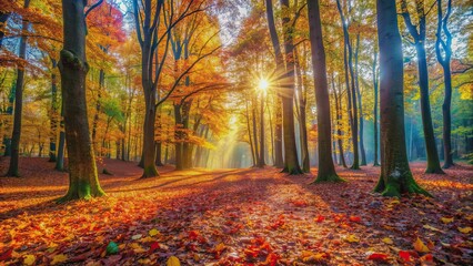 Fototapeta premium Vibrant autumn forest with colorful leaves on the ground and sunlight filtering through the trees, autumn, woods, fall