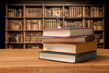 pile of reading books on table in student's library