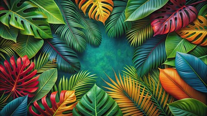 Tropical leaves background with vibrant colors and exotic foliage, summer, tropical, leaves, background, exotic, trendy, lush