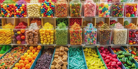 A variety of colorful sweets on display in a shop in Camden Town, London , sweets, candy, confectionery, store, shop