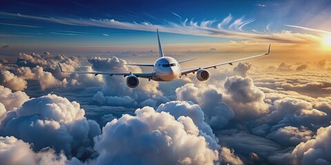 Airplane flying high above fluffy white clouds, aviation, travel, sky, clouds, airplane, flight, journey, transportation