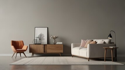 Aesthetic bright sunny elegant home living room interior design with comfortable lounge chair, hat, side table, flowers bouquet, shelf with decorations. interior design