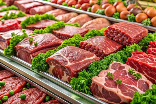 Fresh organic raw red meat, including steaks, roasts, and ground beef, arranged artfully in a supermarket's meat department with ample copy space for text or design.