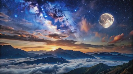 Mountainous landscape under a starry, cloudy night with the moon , mountains, nighttime, stars, clouds, moon, landscape