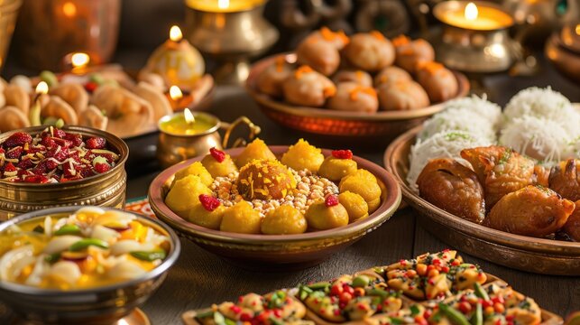 Traditional Indian Sweets and Savory Dish with Accompaniments for Festivals