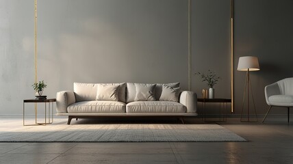 Aesthetic bright sunny elegant home living room interior design with comfortable lounge chair, hat, side table, flowers bouquet, shelf with decorations. interior design