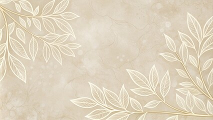 Fototapeta premium Elegant luxury wedding invitation card design featuring abstract botanical leaf branch contour drawing in line art texture with subtle white florals on creamy background.