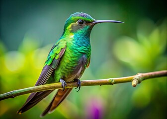 Fototapeta premium Vibrant green hummingbird with iridescent feathers and long beak perches on a delicate branch against a transparent background, showcasing its miniature beauty.