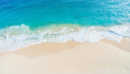 Beautiful tropical summer beach, top view of white sand and blue sea waves, nature background, vacation in paradise concept for tourism, vivid colorful.