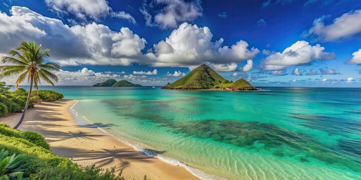 Hidden beach with view of the Mokes and turquoise waters at Lanikai Beach on Oahu, Hawaii, Hidden beach