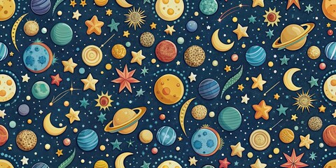 Celestial celebration seamless pattern featuring stars, moons, and planets , celestial,...