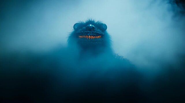 Eerie blue-furred creature emerges from swirling mist. Glowing eyes and sharp orange teeth contrast against shadowy form. Atmospheric lighting creates playful yet menacing mood.	