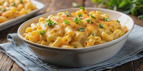 A close-up photo of a warm, cheesy macaroni and cheese dish, perfect for a comforting meal at home, comfort food
