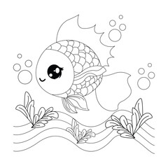 Little Cute Cartoon Fish Line Art For Kids Coloring Page.