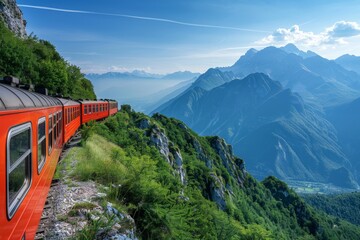 Red Train Through Mountain Pass.