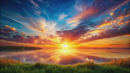 Obraz premium Beautiful sunset landscape with a smooth gradient , sunset, evening, sky, clouds, colorful, nature, horizon, outdoor, serene