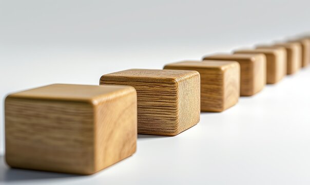 A close-up of wooden blocks in a neat, straight line with a gradient background.