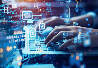 Hands Typing on Laptop with Futuristic Digital Interface and Cybersecurity Icons