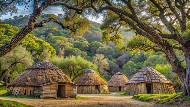 Chumash village with traditional homes and frames nestled among Oak Trees in the woods, Chumash, Native American, village